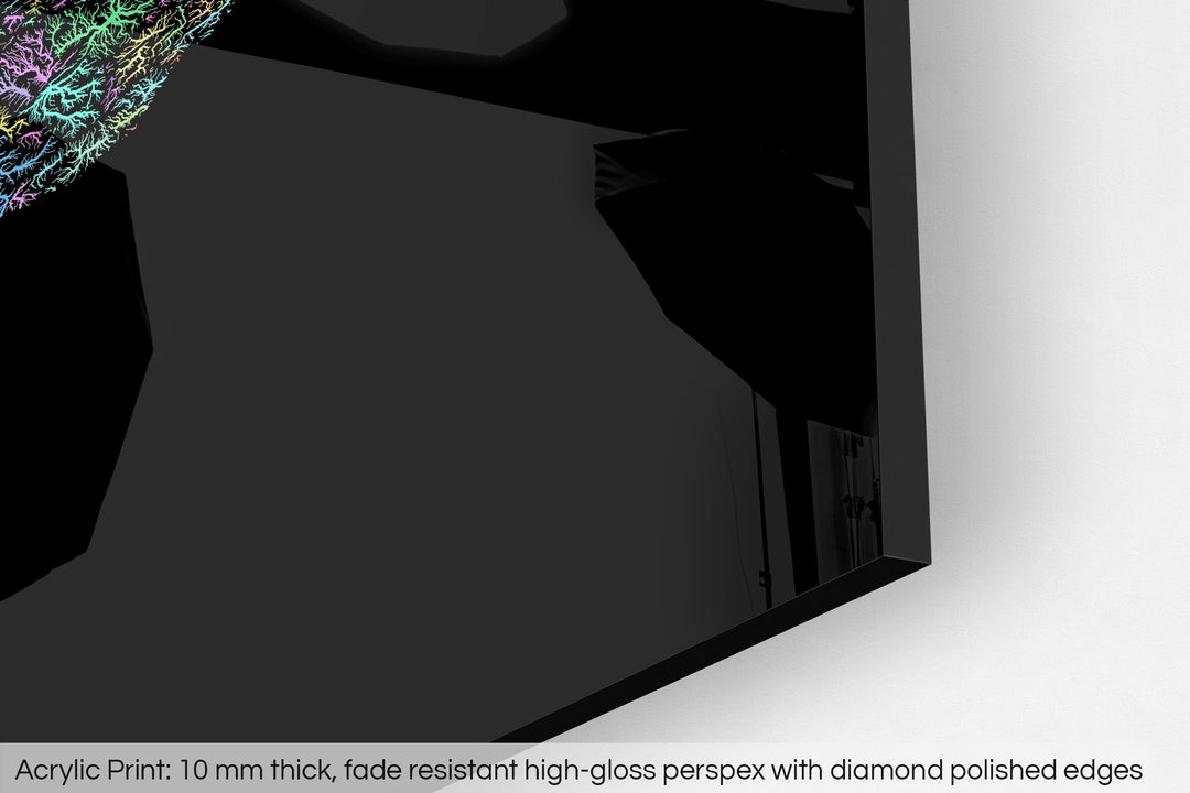 Closeup of an acrylic panel's corner, the details of a Grasshopper Geography map is visible. The text at the bottom reads: Acrylic print - 10 mm thick, fade reistant high-gloss perspex with diamond polished edges.