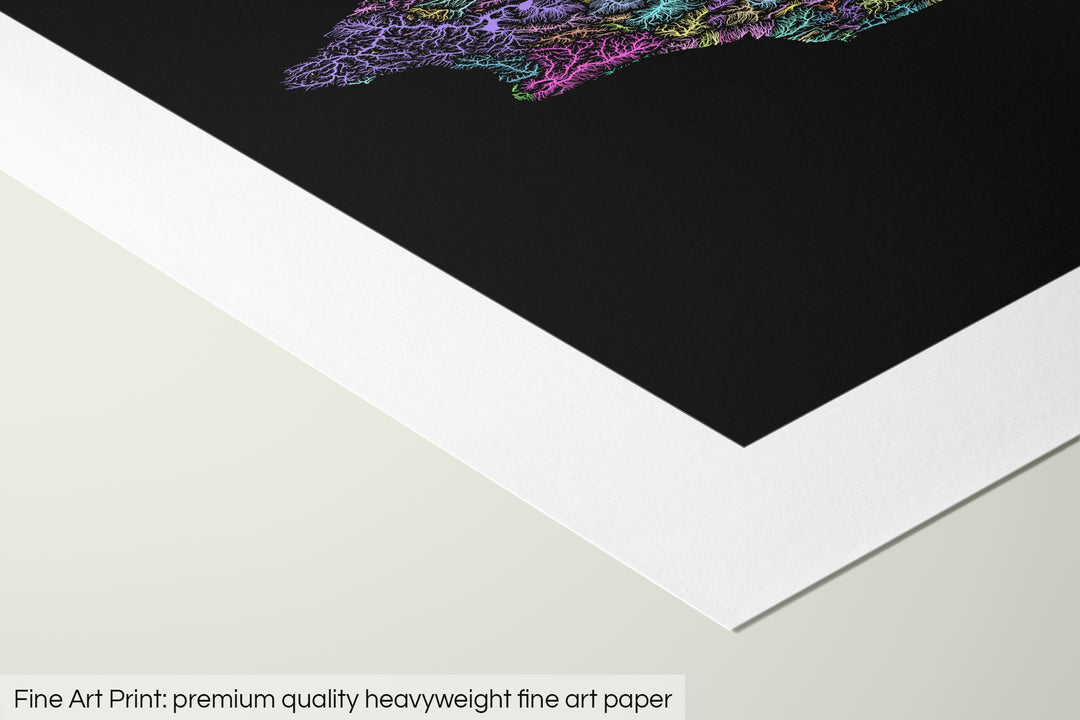 Closeup of a fine art print's corner lying on a flat surface, the details of a Grasshopper Geography map is visible. The text at the bottom reads: Fine art print - premium quality heavyweight fine art paper.