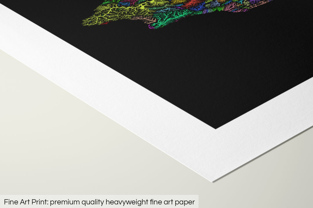 Closeup of a fine art print's corner lying on a flat surface, the details of a Grasshopper Geography map is visible. The text at the bottom reads: Fine art print - premium quality heavyweight fine art paper.