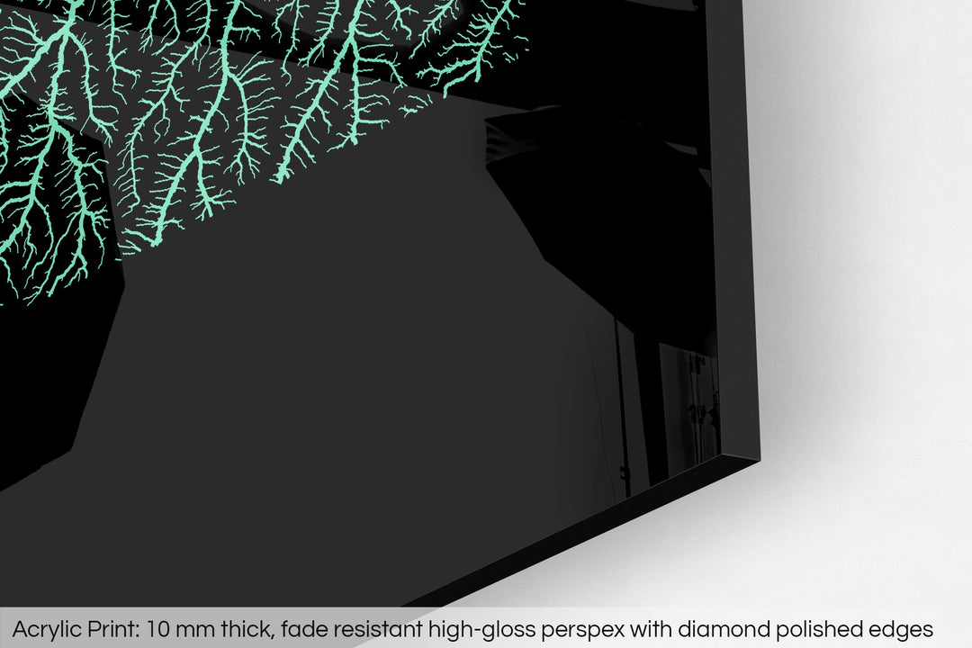 Closeup of an acrylic panel's corner, the details of a Grasshopper Geography map is visible. The text at the bottom reads: Acrylic print - 10 mm thick, fade reistant high-gloss perspex with diamond polished edges.