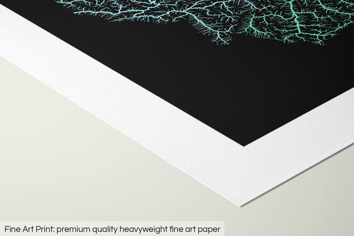 Closeup of a fine art print's corner lying on a flat surface, the details of a Grasshopper Geography map is visible. The text at the bottom reads: Fine art print - premium quality heavyweight fine art paper.