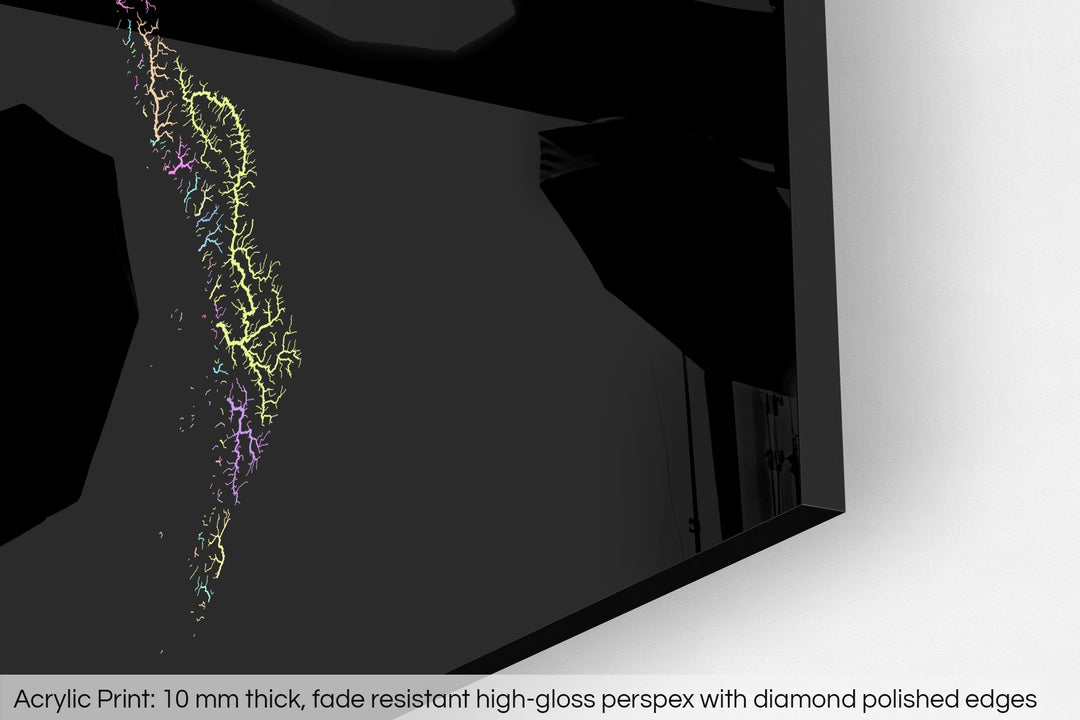 Closeup of an acrylic panel's corner, the details of a Grasshopper Geography map is visible. The text at the bottom reads: Acrylic print - 10 mm thick, fade reistant high-gloss perspex with diamond polished edges.