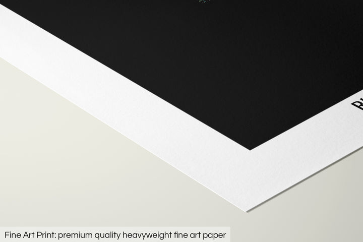 Closeup of a fine art print's corner lying on a flat surface, the details of a Grasshopper Geography map is visible. The text at the bottom reads: Fine art print - premium quality heavyweight fine art paper.