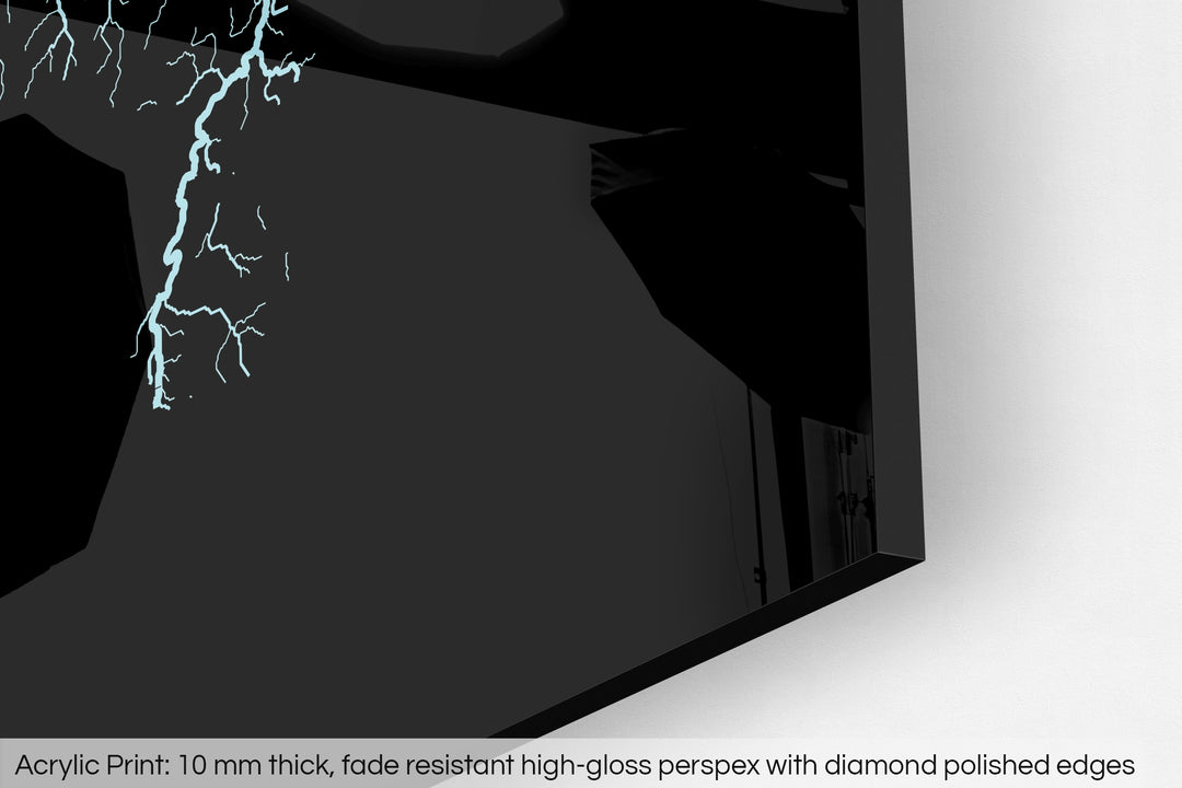 Closeup of an acrylic panel's corner, the details of a Grasshopper Geography map is visible. The text at the bottom reads: Acrylic print - 10 mm thick, fade reistant high-gloss perspex with diamond polished edges.