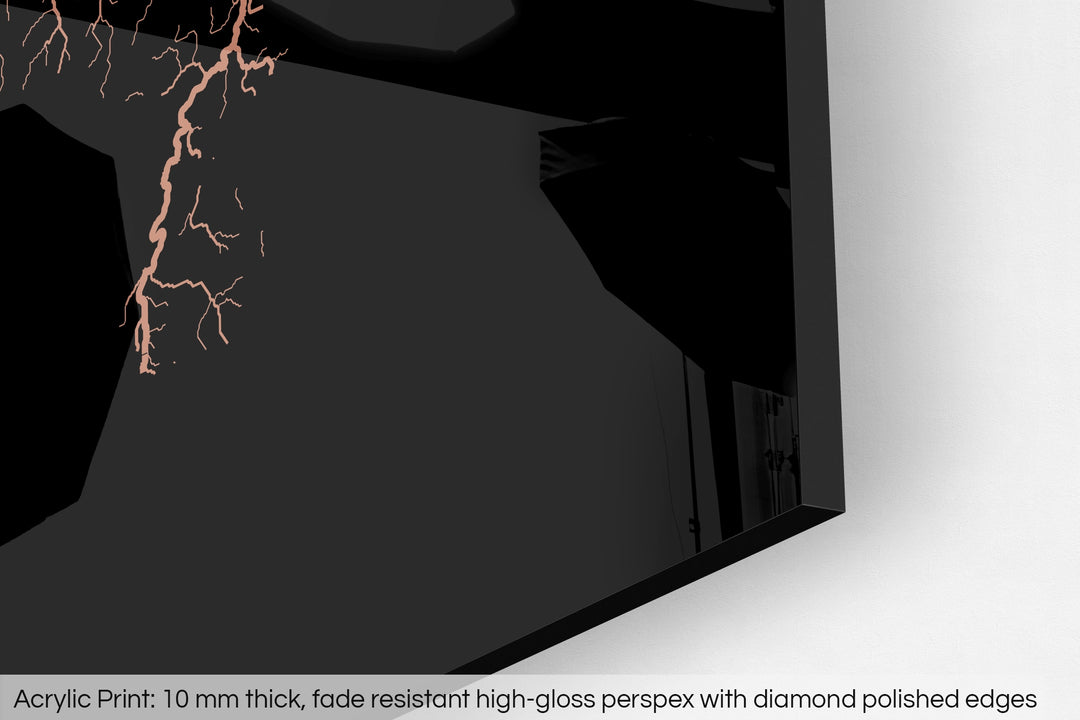 Closeup of an acrylic panel's corner, the details of a Grasshopper Geography map is visible. The text at the bottom reads: Acrylic print - 10 mm thick, fade reistant high-gloss perspex with diamond polished edges.