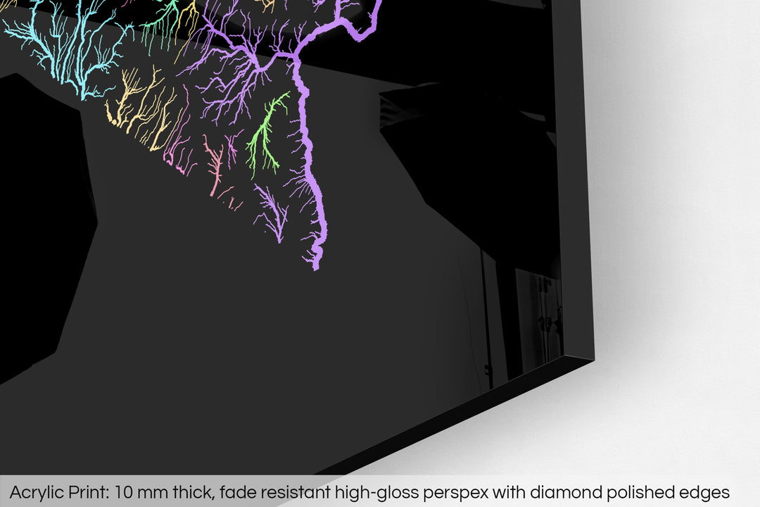 Closeup of an acrylic panel's corner, the details of a Grasshopper Geography map is visible. The text at the bottom reads: Acrylic print - 10 mm thick, fade reistant high-gloss perspex with diamond polished edges.