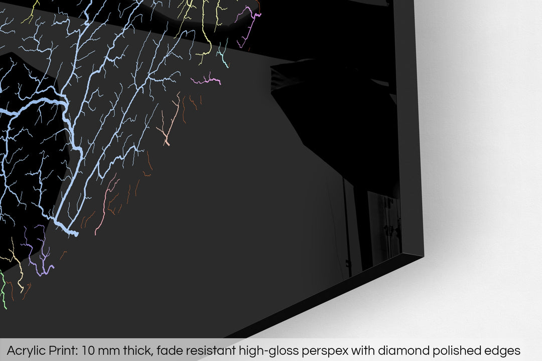 Closeup of an acrylic panel's corner, the details of a Grasshopper Geography map is visible. The text at the bottom reads: Acrylic print - 10 mm thick, fade reistant high-gloss perspex with diamond polished edges.
