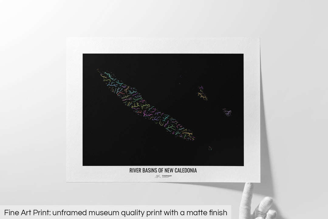 Unframed fine art print of a colourful map with a thick white mat. The title of the map and the Grasshopper Geography logo is printed on the mat, below the image. The map print lies flat on a white surface, a hand holding up one of the corners. The bottom text reads: Fine art print - unframed museum quality print with a matte finish.