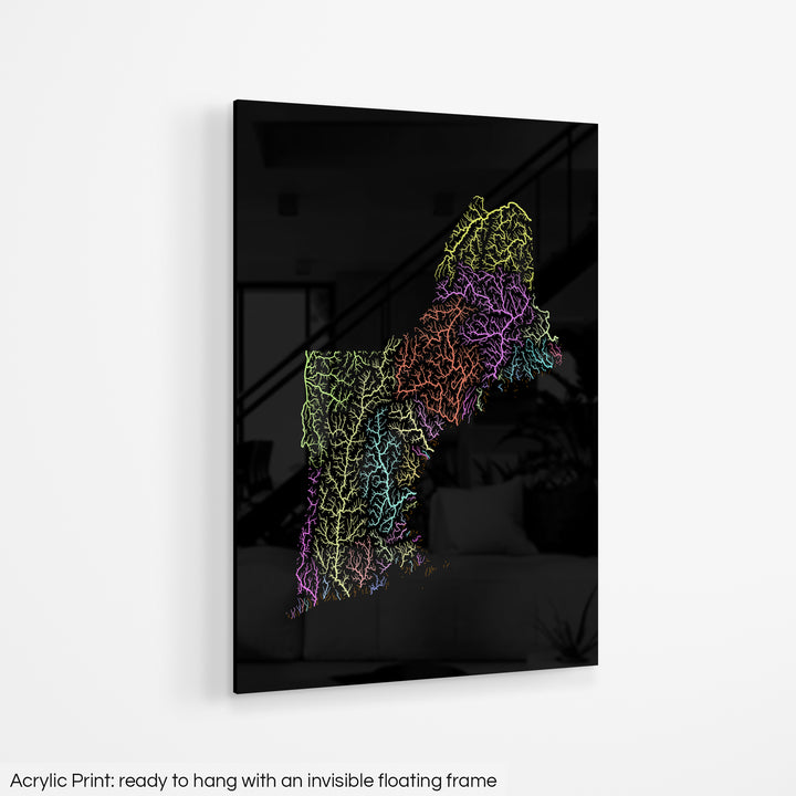 A colourful Grasshopper Geography map hanging on a white wall. The text at the bottom reads: Acrylic print - ready to hang with an invisible floating frame.
