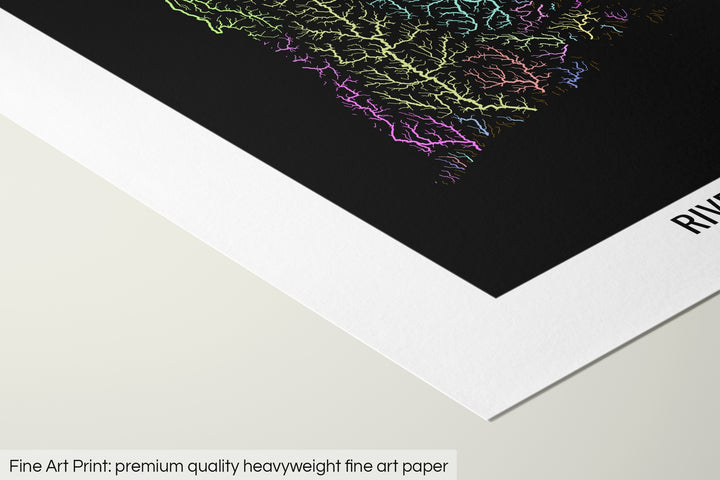 Closeup of a fine art print's corner lying on a flat surface, the details of a Grasshopper Geography map is visible. The text at the bottom reads: Fine art print - premium quality heavyweight fine art paper.