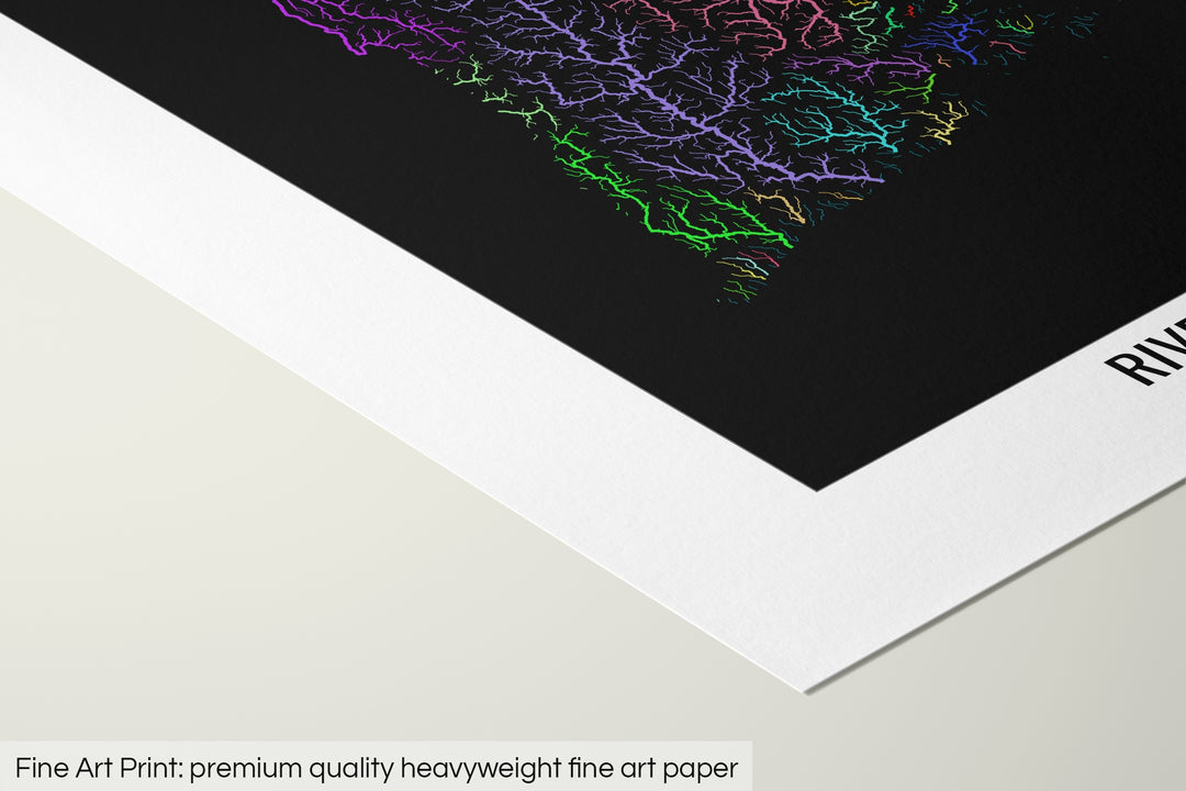 Closeup of a fine art print's corner lying on a flat surface, the details of a Grasshopper Geography map is visible. The text at the bottom reads: Fine art print - premium quality heavyweight fine art paper.