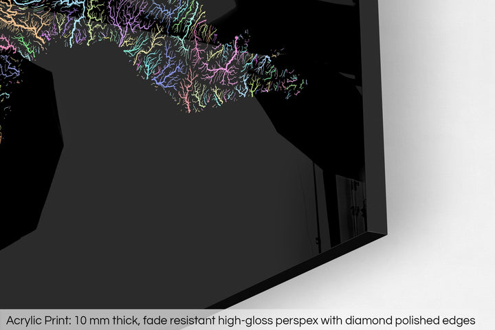 Closeup of an acrylic panel's corner, the details of a Grasshopper Geography map is visible. The text at the bottom reads: Acrylic print - 10 mm thick, fade reistant high-gloss perspex with diamond polished edges.