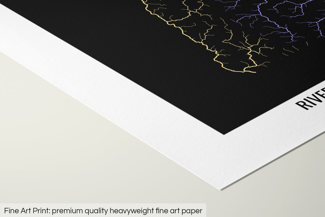 Closeup of a fine art print's corner lying on a flat surface, the details of a Grasshopper Geography map is visible. The text at the bottom reads: Fine art print - premium quality heavyweight fine art paper.