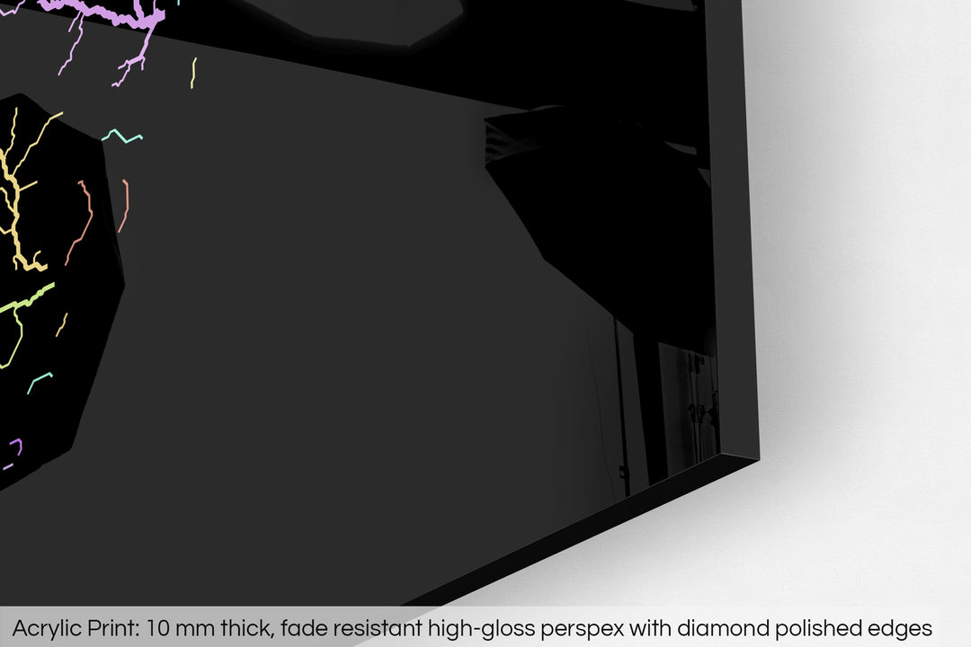 Closeup of an acrylic panel's corner, the details of a Grasshopper Geography map is visible. The text at the bottom reads: Acrylic print - 10 mm thick, fade reistant high-gloss perspex with diamond polished edges.