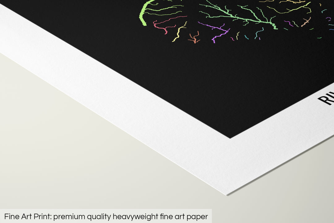 Closeup of a fine art print's corner lying on a flat surface, the details of a Grasshopper Geography map is visible. The text at the bottom reads: Fine art print - premium quality heavyweight fine art paper.
