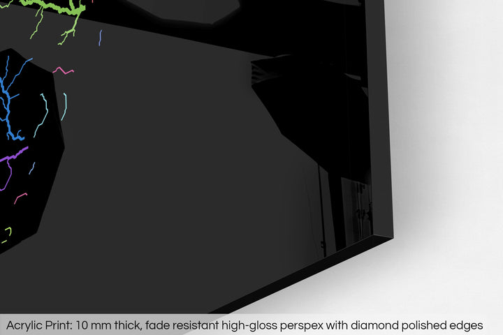 Closeup of an acrylic panel's corner, the details of a Grasshopper Geography map is visible. The text at the bottom reads: Acrylic print - 10 mm thick, fade reistant high-gloss perspex with diamond polished edges.