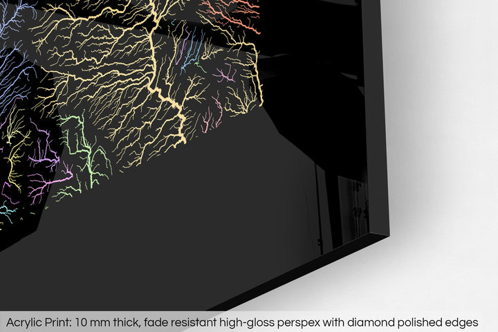 Closeup of an acrylic panel's corner, the details of a Grasshopper Geography map is visible. The text at the bottom reads: Acrylic print - 10 mm thick, fade reistant high-gloss perspex with diamond polished edges.