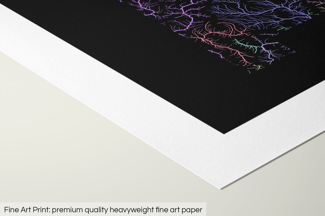 Closeup of a fine art print's corner lying on a flat surface, the details of a Grasshopper Geography map is visible. The text at the bottom reads: Fine art print - premium quality heavyweight fine art paper.