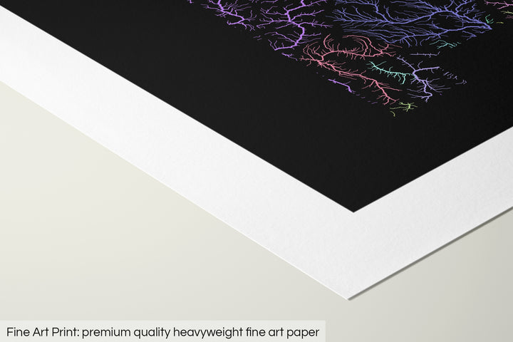 Closeup of a fine art print's corner lying on a flat surface, the details of a Grasshopper Geography map is visible. The text at the bottom reads: Fine art print - premium quality heavyweight fine art paper.