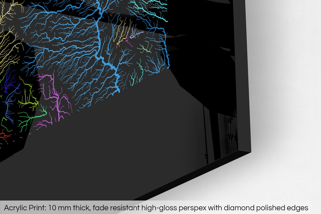 Closeup of an acrylic panel's corner, the details of a Grasshopper Geography map is visible. The text at the bottom reads: Acrylic print - 10 mm thick, fade reistant high-gloss perspex with diamond polished edges.