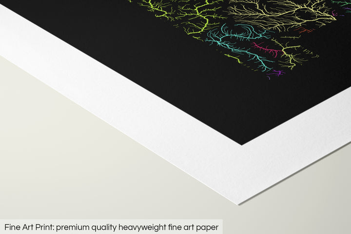 Closeup of a fine art print's corner lying on a flat surface, the details of a Grasshopper Geography map is visible. The text at the bottom reads: Fine art print - premium quality heavyweight fine art paper.