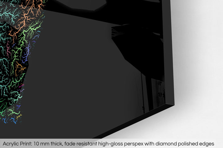 Closeup of an acrylic panel's corner, the details of a Grasshopper Geography map is visible. The text at the bottom reads: Acrylic print - 10 mm thick, fade reistant high-gloss perspex with diamond polished edges.