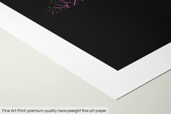 Closeup of a fine art print's corner lying on a flat surface, the details of a Grasshopper Geography map is visible. The text at the bottom reads: Fine art print - premium quality heavyweight fine art paper.