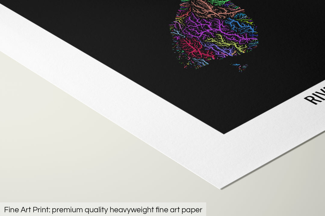 Closeup of a fine art print's corner lying on a flat surface, the details of a Grasshopper Geography map is visible. The text at the bottom reads: Fine art print - premium quality heavyweight fine art paper.