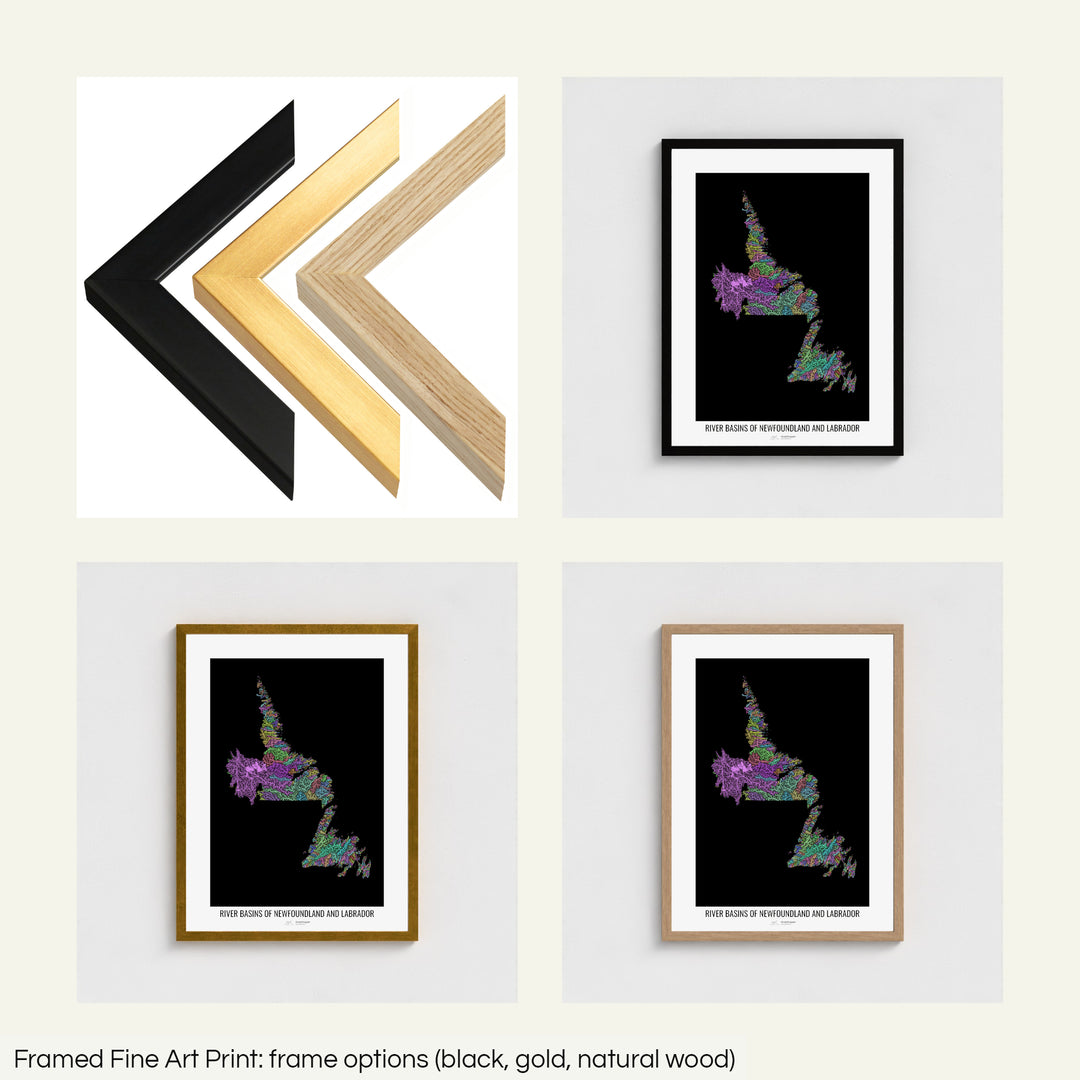 The image shows the different frames available at Grasshopper Geography's map shop: black, golden and natural wood. The image is a collection of four smaller pictures: the first one shows the wooden frames up close, the other three are mockups of the printed map in each frame.