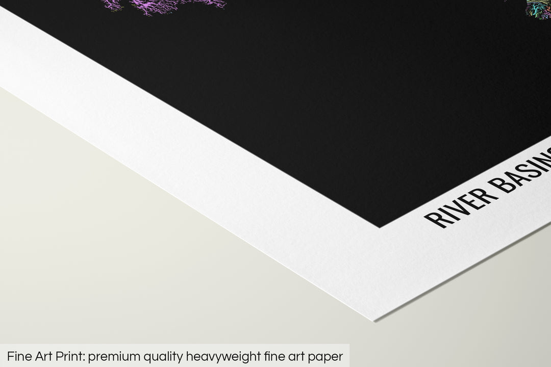Closeup of a fine art print's corner lying on a flat surface, the details of a Grasshopper Geography map is visible. The text at the bottom reads: Fine art print - premium quality heavyweight fine art paper.