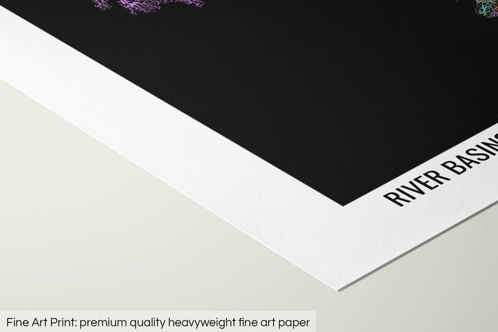 Closeup of a fine art print's corner lying on a flat surface, the details of a Grasshopper Geography map is visible. The text at the bottom reads: Fine art print - premium quality heavyweight fine art paper.