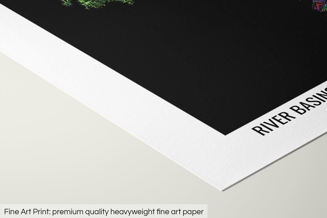 Closeup of a fine art print's corner lying on a flat surface, the details of a Grasshopper Geography map is visible. The text at the bottom reads: Fine art print - premium quality heavyweight fine art paper.