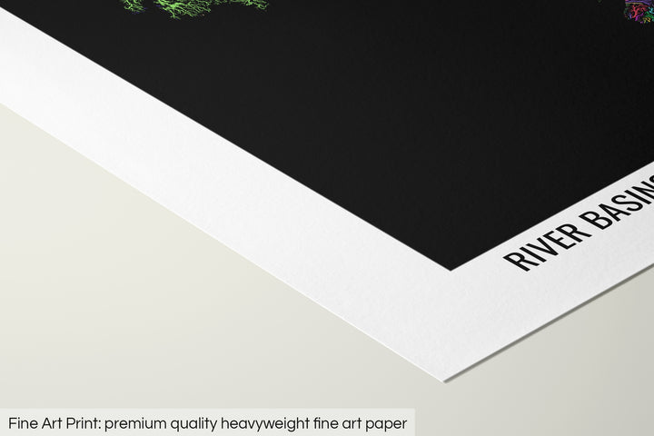 Closeup of a fine art print's corner lying on a flat surface, the details of a Grasshopper Geography map is visible. The text at the bottom reads: Fine art print - premium quality heavyweight fine art paper.