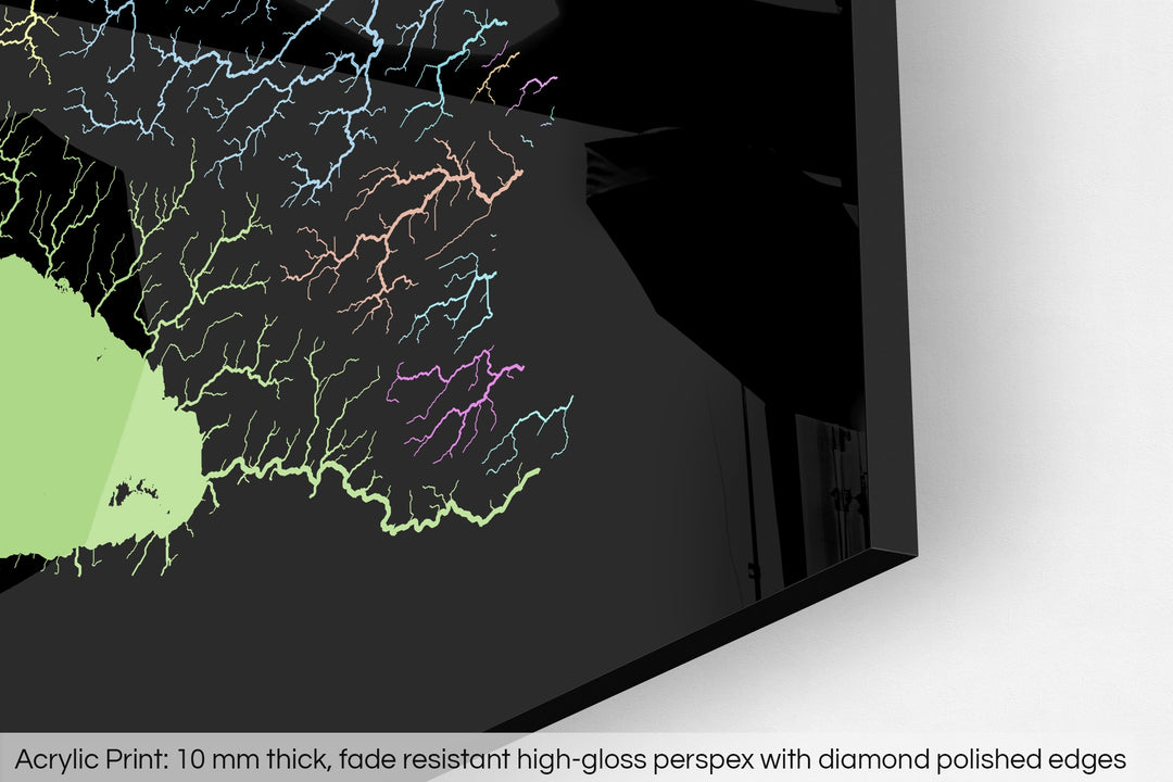 Closeup of an acrylic panel's corner, the details of a Grasshopper Geography map is visible. The text at the bottom reads: Acrylic print - 10 mm thick, fade reistant high-gloss perspex with diamond polished edges.