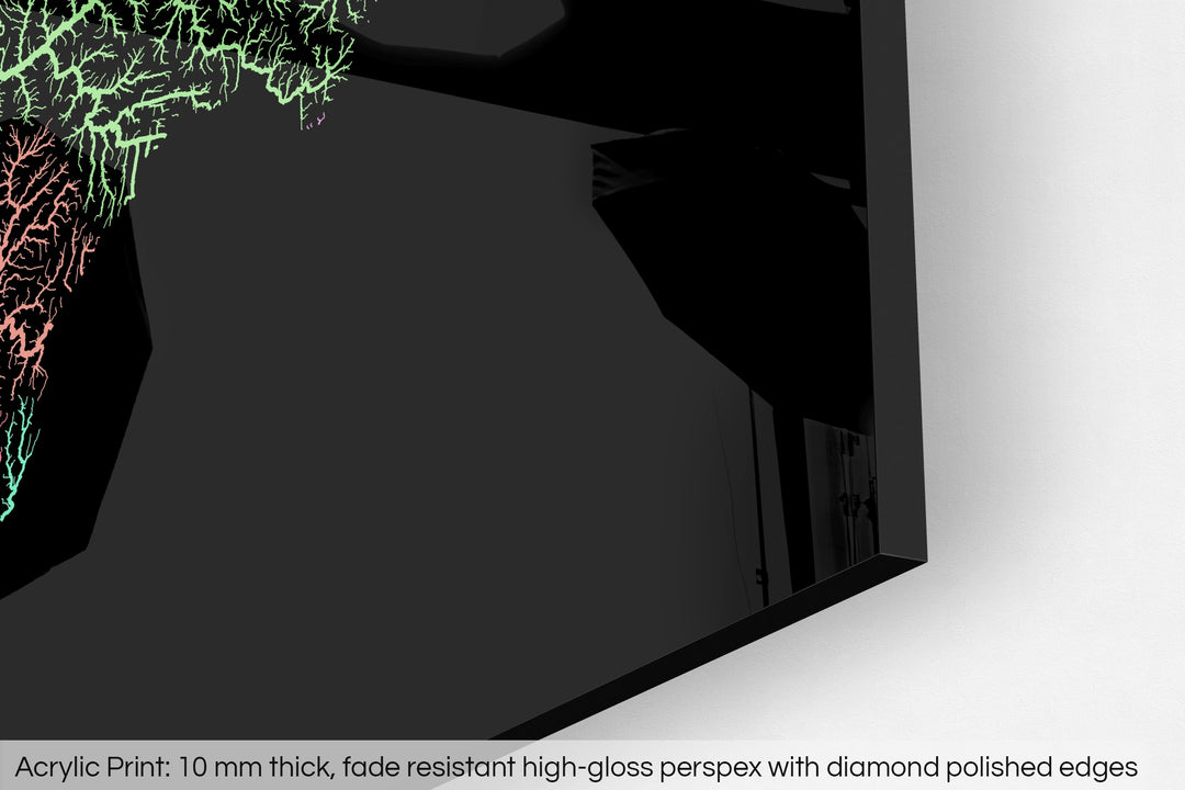 Closeup of an acrylic panel's corner, the details of a Grasshopper Geography map is visible. The text at the bottom reads: Acrylic print - 10 mm thick, fade reistant high-gloss perspex with diamond polished edges.
