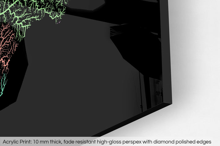 Closeup of an acrylic panel's corner, the details of a Grasshopper Geography map is visible. The text at the bottom reads: Acrylic print - 10 mm thick, fade reistant high-gloss perspex with diamond polished edges.