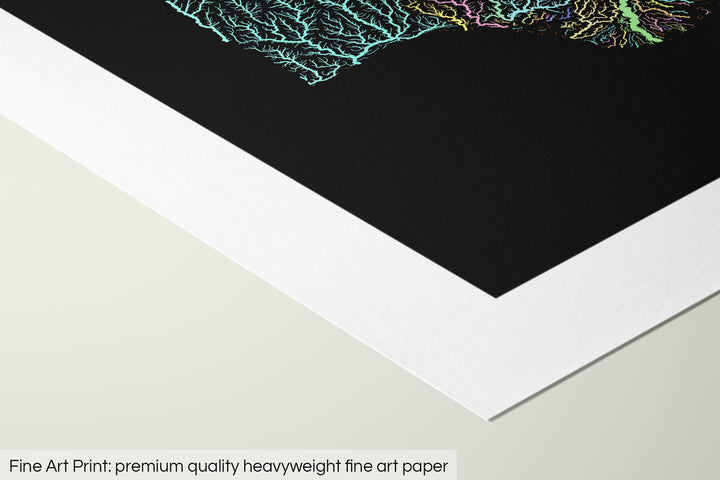 Closeup of a fine art print's corner lying on a flat surface, the details of a Grasshopper Geography map is visible. The text at the bottom reads: Fine art print - premium quality heavyweight fine art paper.