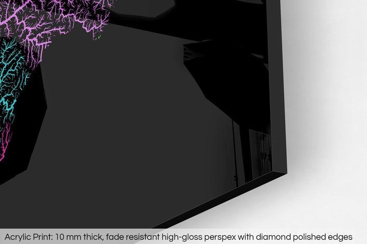 Closeup of an acrylic panel's corner, the details of a Grasshopper Geography map is visible. The text at the bottom reads: Acrylic print - 10 mm thick, fade reistant high-gloss perspex with diamond polished edges.