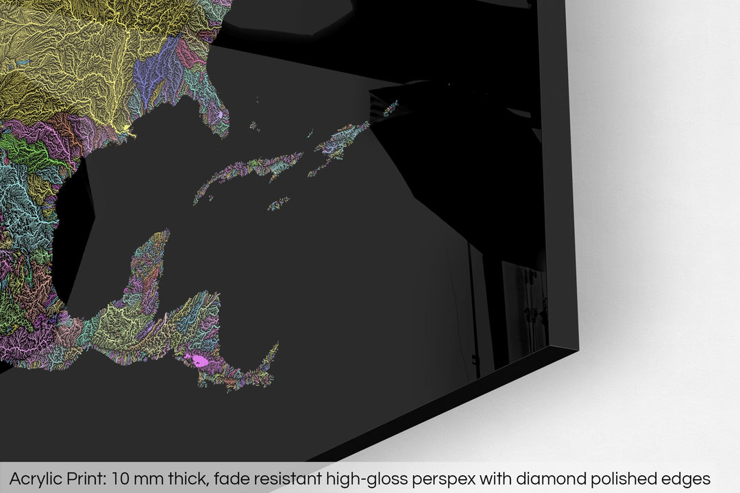 Closeup of an acrylic panel's corner, the details of a Grasshopper Geography map is visible. The text at the bottom reads: Acrylic print - 10 mm thick, fade reistant high-gloss perspex with diamond polished edges.