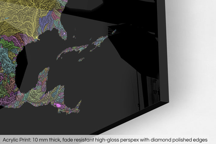 Closeup of an acrylic panel's corner, the details of a Grasshopper Geography map is visible. The text at the bottom reads: Acrylic print - 10 mm thick, fade reistant high-gloss perspex with diamond polished edges.