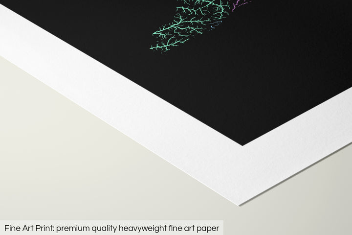 Closeup of a fine art print's corner lying on a flat surface, the details of a Grasshopper Geography map is visible. The text at the bottom reads: Fine art print - premium quality heavyweight fine art paper.