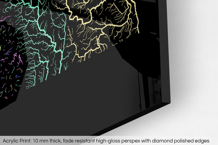 Closeup of an acrylic panel's corner, the details of a Grasshopper Geography map is visible. The text at the bottom reads: Acrylic print - 10 mm thick, fade reistant high-gloss perspex with diamond polished edges.