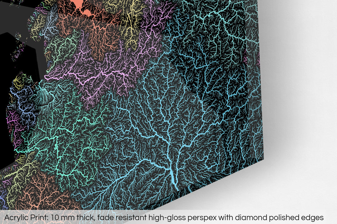 Closeup of an acrylic panel's corner, the details of a Grasshopper Geography map is visible. The text at the bottom reads: Acrylic print - 10 mm thick, fade reistant high-gloss perspex with diamond polished edges.