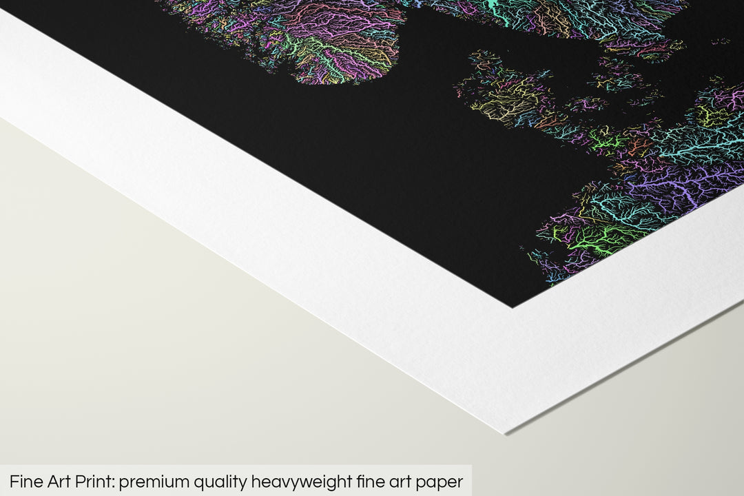 Closeup of a fine art print's corner lying on a flat surface, the details of a Grasshopper Geography map is visible. The text at the bottom reads: Fine art print - premium quality heavyweight fine art paper.