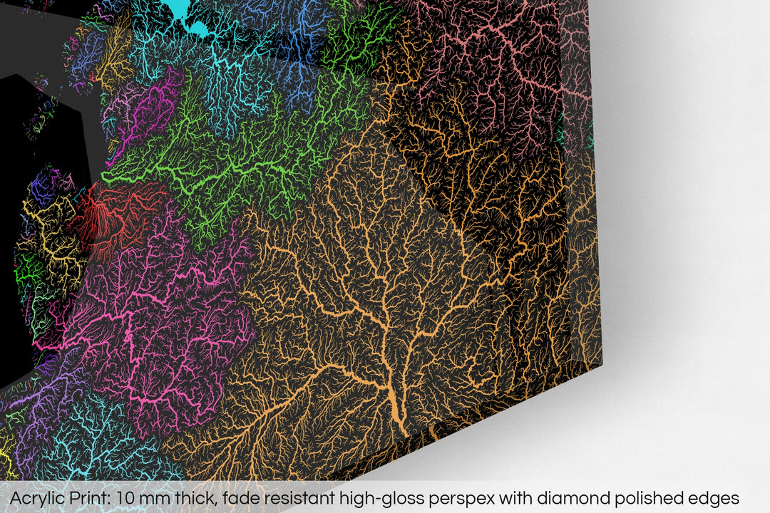 Closeup of an acrylic panel's corner, the details of a Grasshopper Geography map is visible. The text at the bottom reads: Acrylic print - 10 mm thick, fade reistant high-gloss perspex with diamond polished edges.