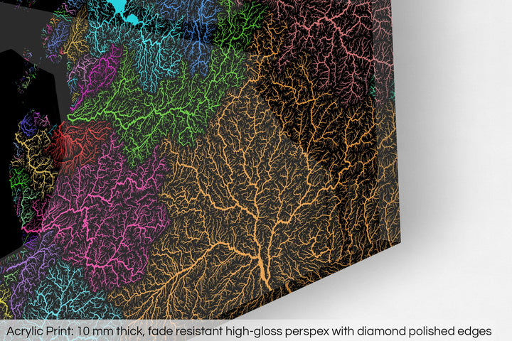 Closeup of an acrylic panel's corner, the details of a Grasshopper Geography map is visible. The text at the bottom reads: Acrylic print - 10 mm thick, fade reistant high-gloss perspex with diamond polished edges.