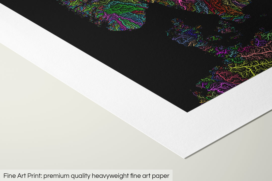 Closeup of a fine art print's corner lying on a flat surface, the details of a Grasshopper Geography map is visible. The text at the bottom reads: Fine art print - premium quality heavyweight fine art paper.