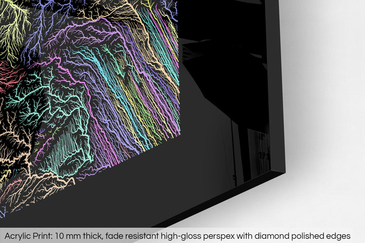 Closeup of an acrylic panel's corner, the details of a Grasshopper Geography map is visible. The text at the bottom reads: Acrylic print - 10 mm thick, fade reistant high-gloss perspex with diamond polished edges.