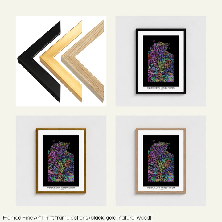The image shows the different frames available at Grasshopper Geography's map shop: black, golden and natural wood. The image is a collection of four smaller pictures: the first one shows the wooden frames up close, the other three are mockups of the printed map in each frame.