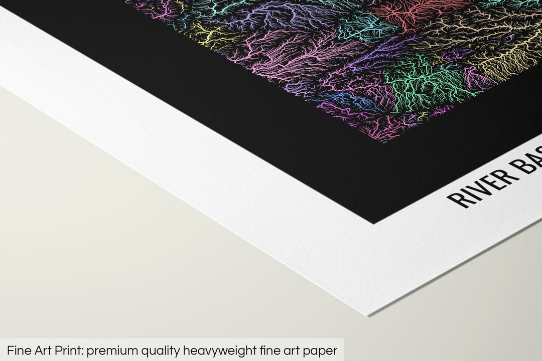 Closeup of a fine art print's corner lying on a flat surface, the details of a Grasshopper Geography map is visible. The text at the bottom reads: Fine art print - premium quality heavyweight fine art paper.